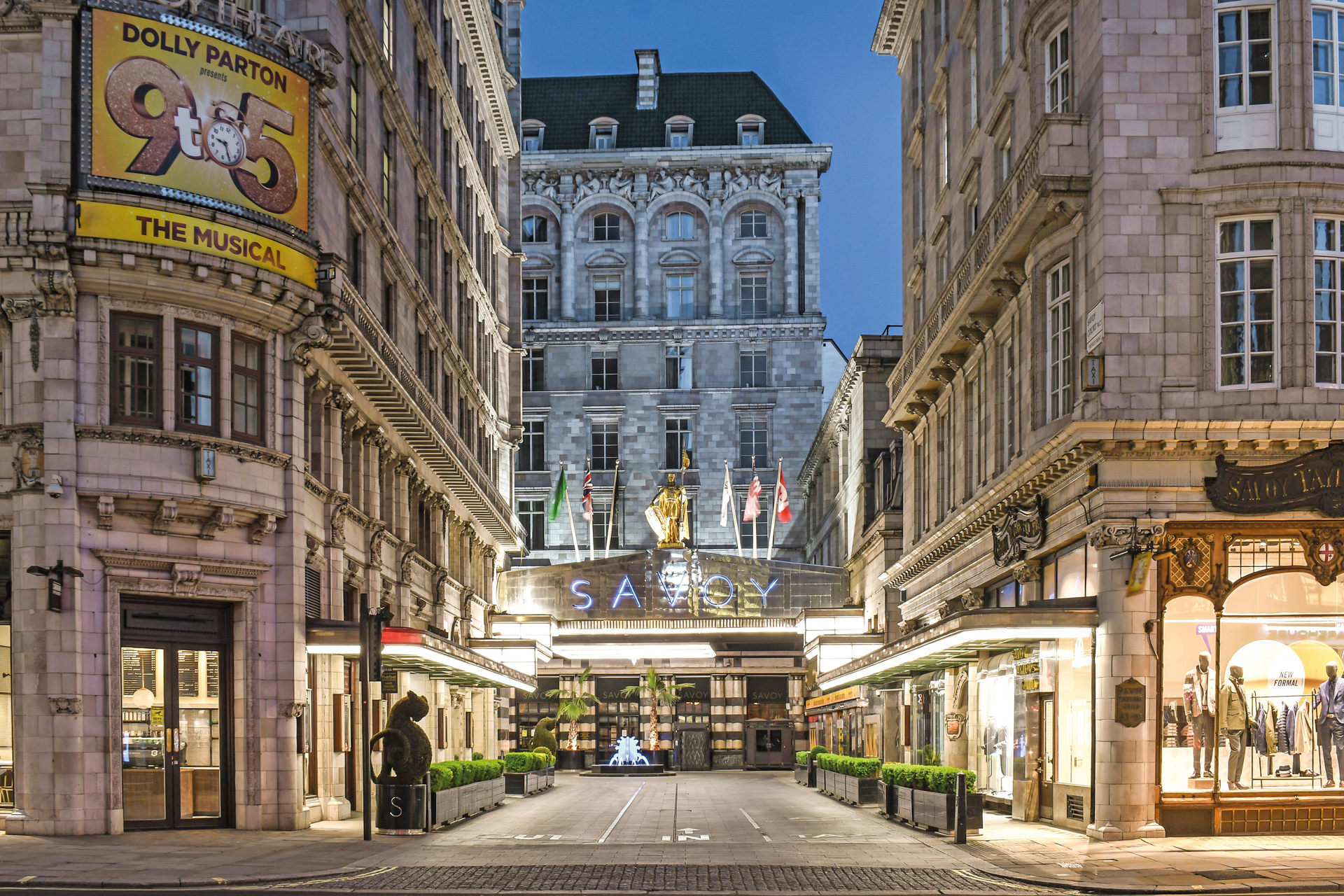 Exterior of the Savoy at night.