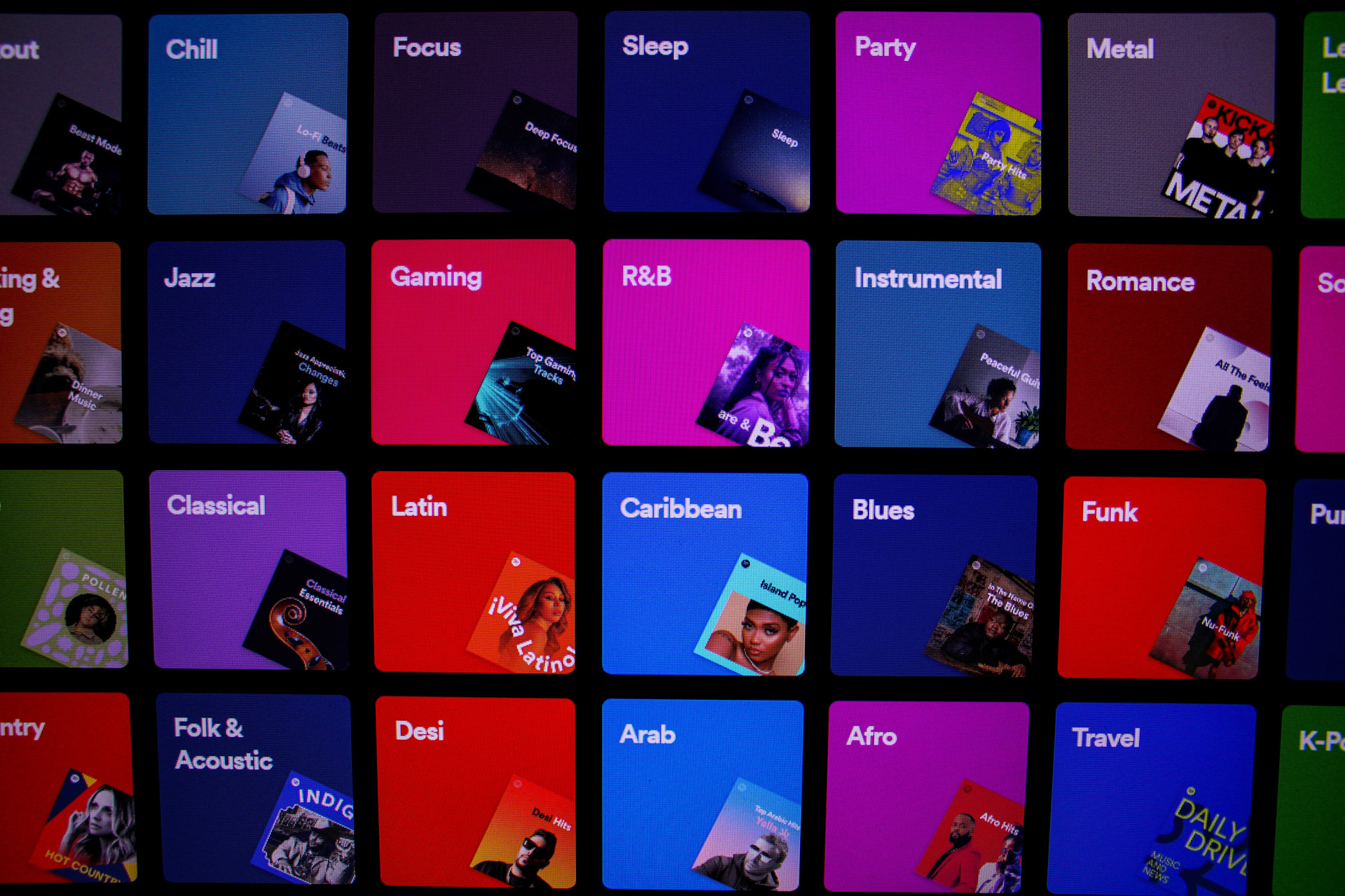 Spotify genre categories on a computer screen.