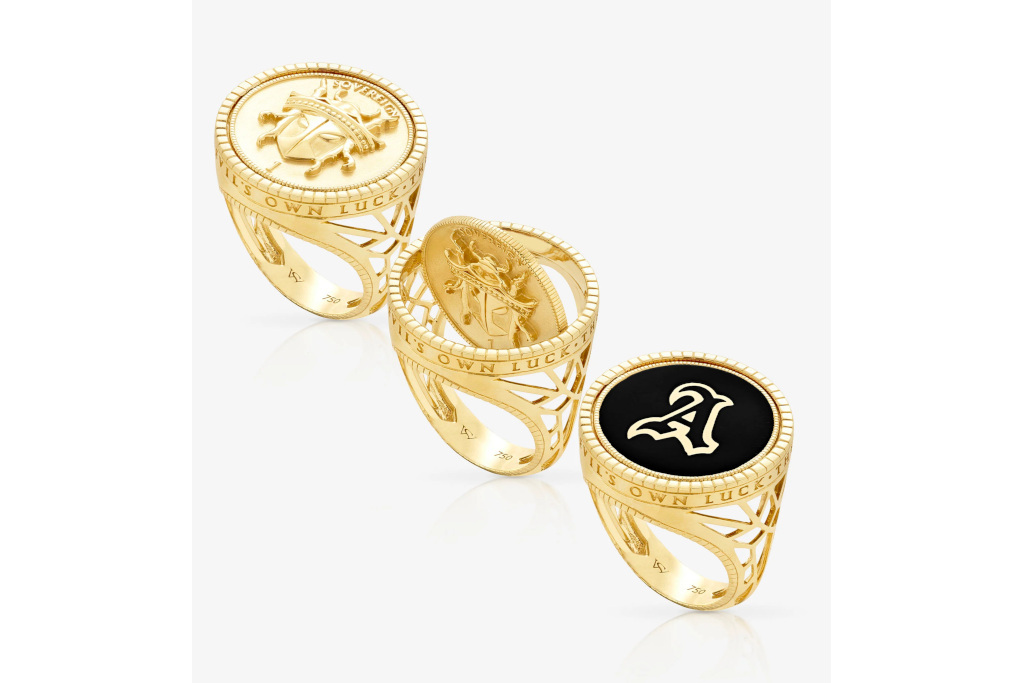 Three gold signet rings lined up