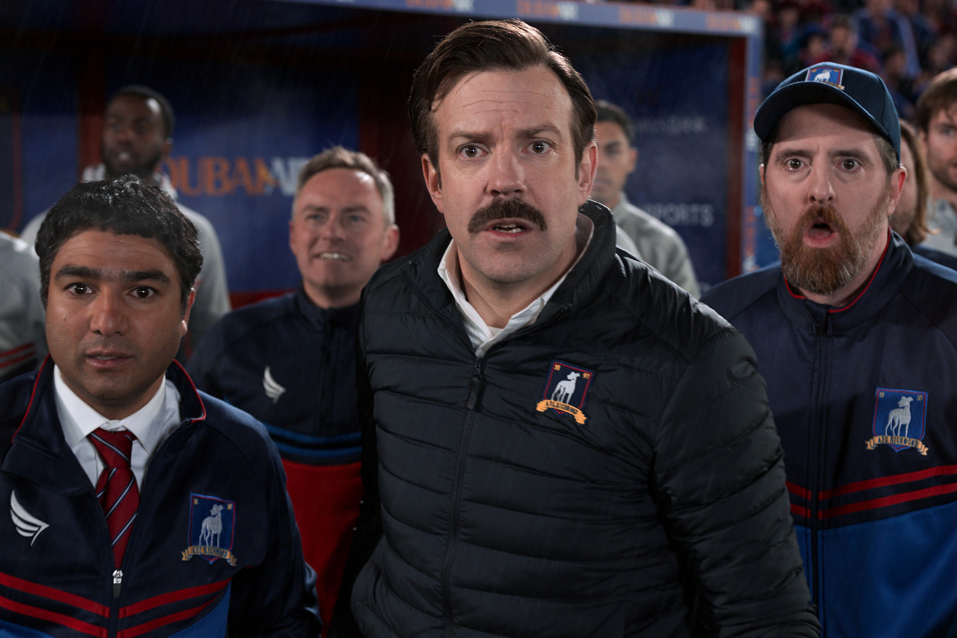 Nick Mohammed, Jason Sudeikis and Brendan Hunt in “Ted Lasso,” now streaming on Apple TV+.​
