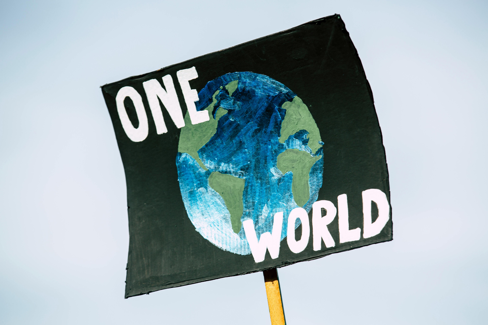 A protest sign with a painting of the Earth and the words 'One World'