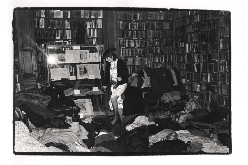 Georgia Metcalfe looking for her coat. Valentine Ball, Oxford Union. 1984