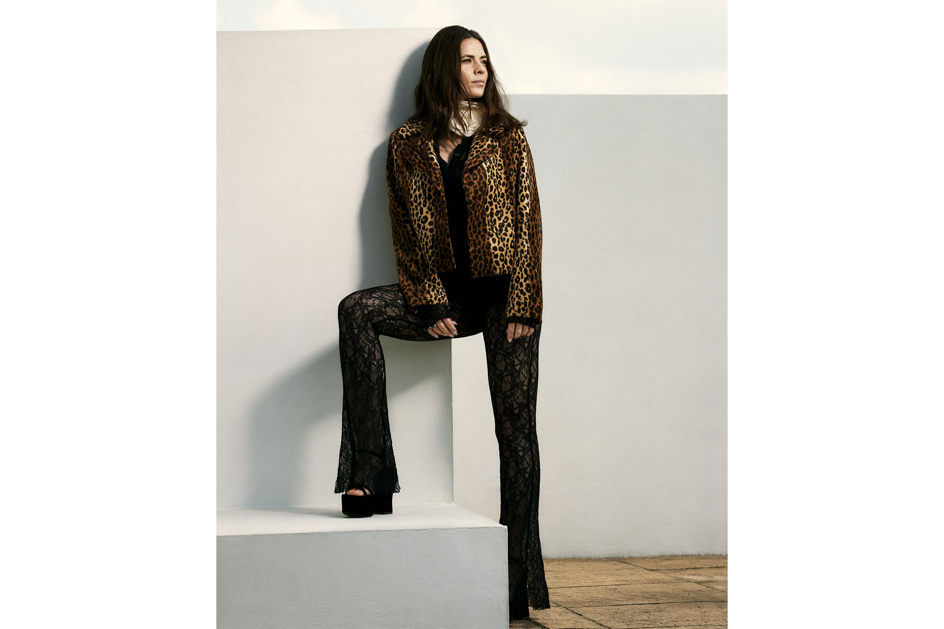 Hayley Atwell in leopard print jacket and lace jumpsuit
