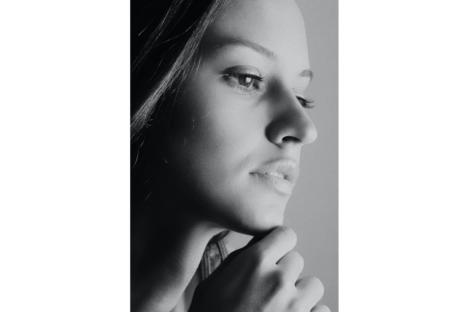 Close up of woman's face in black and white