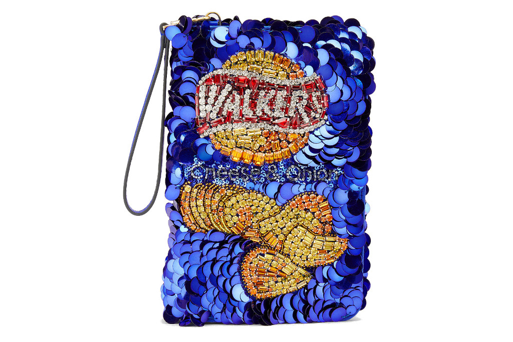 Sequin clutch shaped like crisp bag