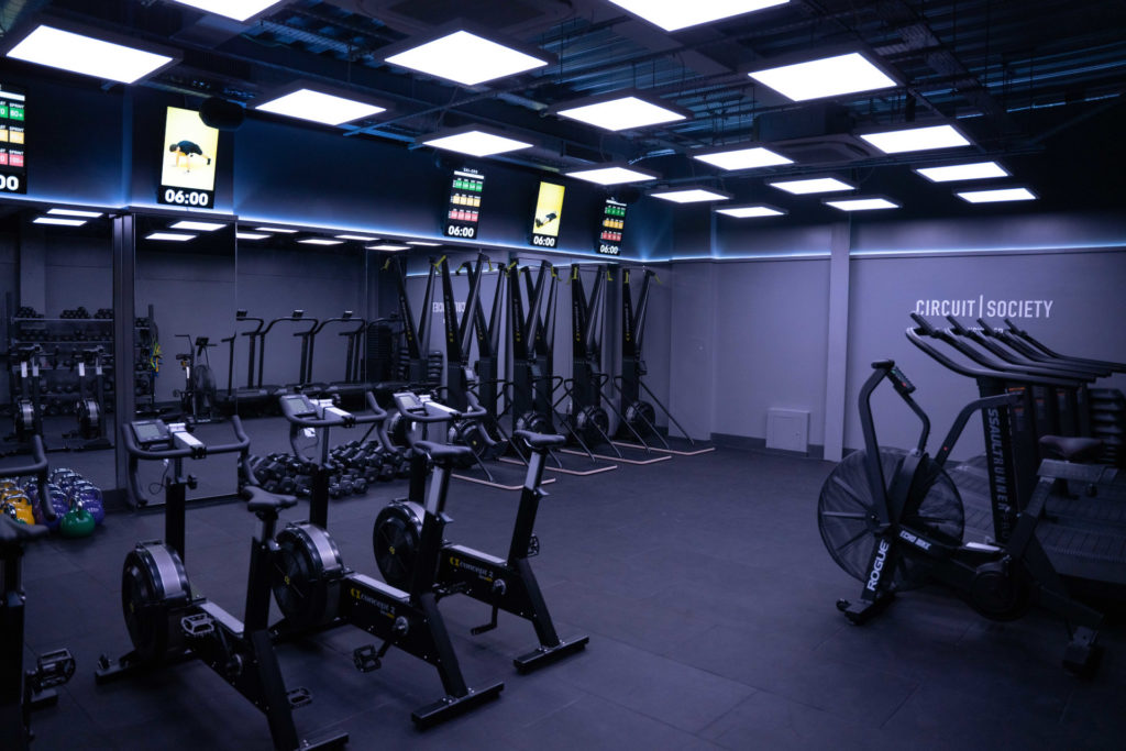 Blue-lit gym