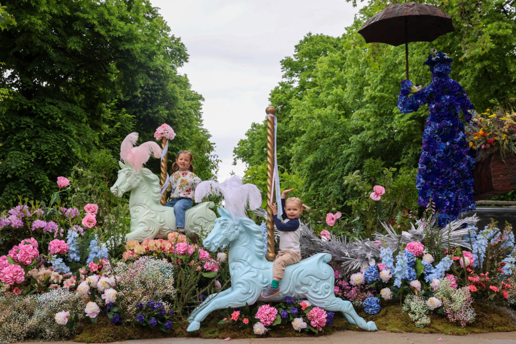 Stella Mackinnon, four and her sister Persephone Mackinnon, two at Chelsea in Bloom which launches today with the Theme 