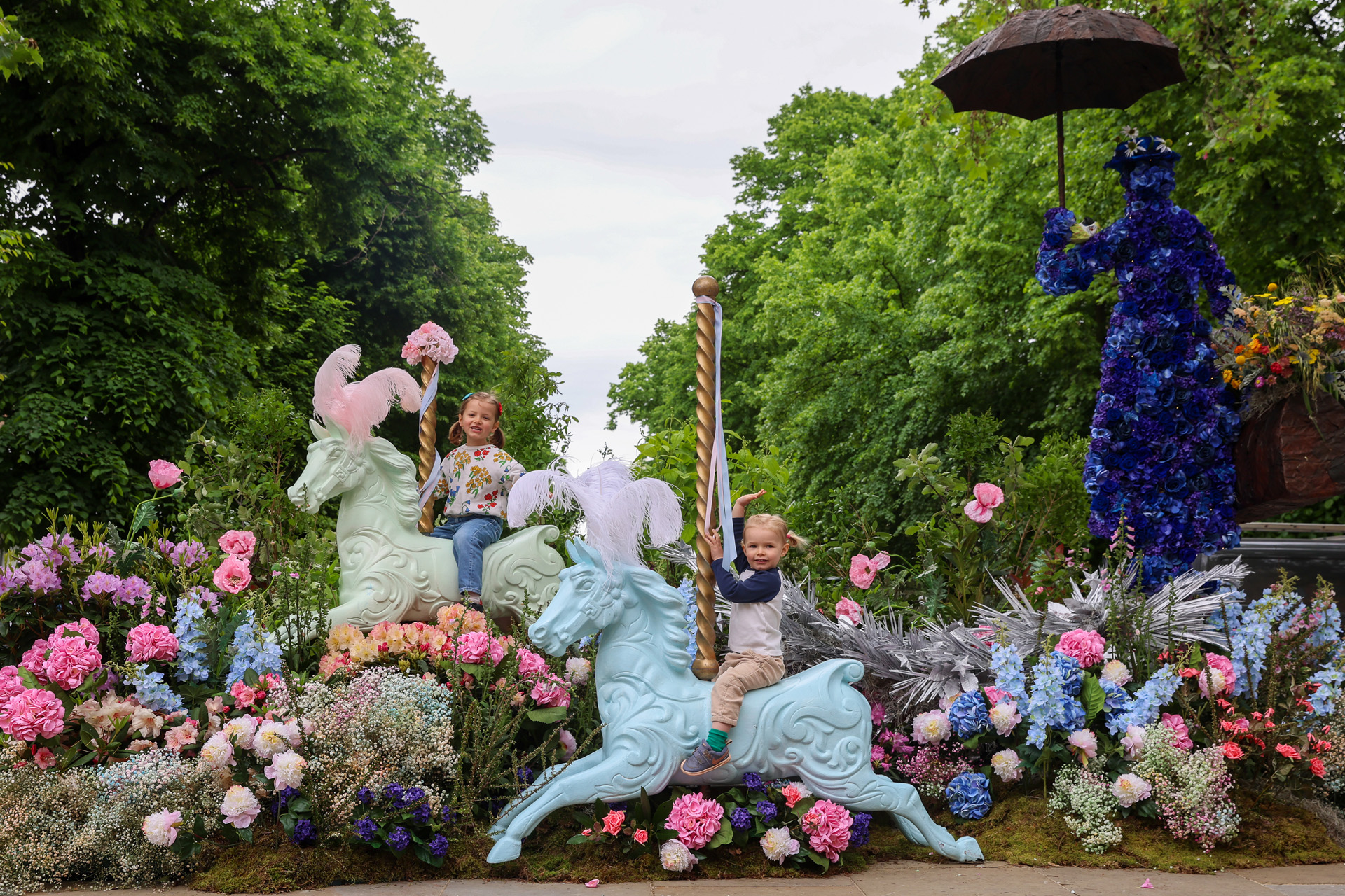 Stella Mackinnon, four and her sister Persephone Mackinnon, two at Chelsea in Bloom which launches today with the Theme "Flowers On Film" in line with the launch of the RHS Chelsea Flower Show on May 22, 2023 in London, England.