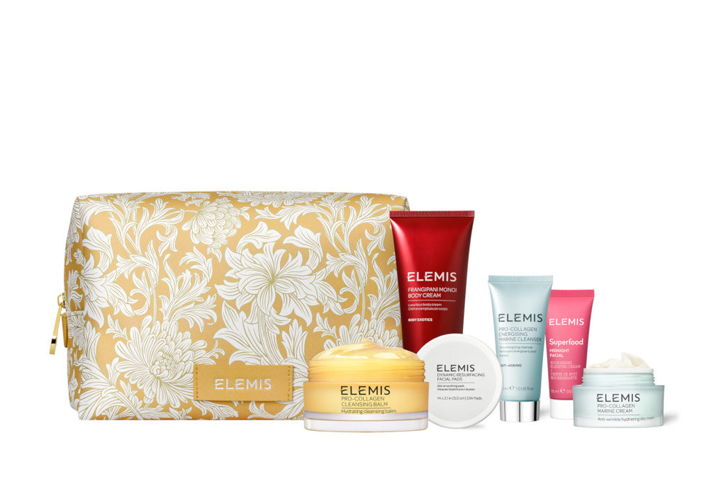 Gold bag with skincare products