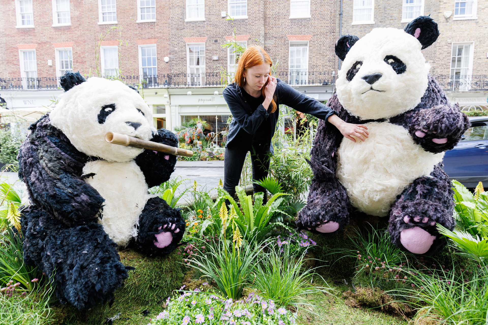 A florist from Moyses Stevens puts the finishing touches to a floral installation, ‘Belgravia’s Bamboo Bears’, on Elizabeth Street, London, which has been designed for the Belgravia in Bloom festival, running from May 22-29, London. Picture date: Sunday May 21, 2023. PA Photo. The theme for this year's festival is ‘Into the Wild’, and includes a partnership with conservation charity London Wildlife Trust. The festival aims to support the charity’s mission to boost biodiversity and inspire Londoners to connect with nature, as well as ensuring the floral installations are created using even more biodiversity-boosting plants and flowers this year.