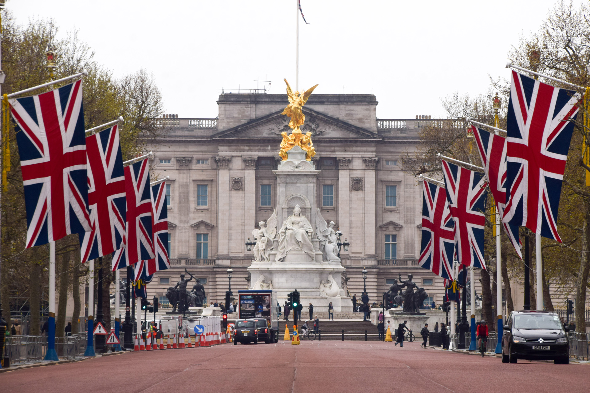 A view of Buckingham Palace and The Mall lined with Union Jack flags ahead of the coronation of King Charles III.