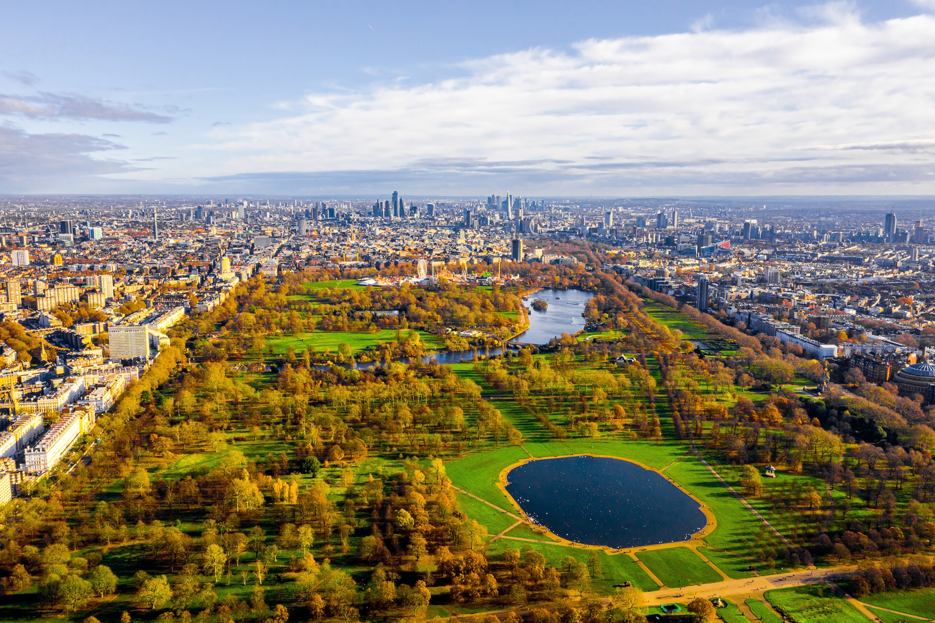 Beautiful aerial panoramic view of the Hyde park in London, United Kingdom.