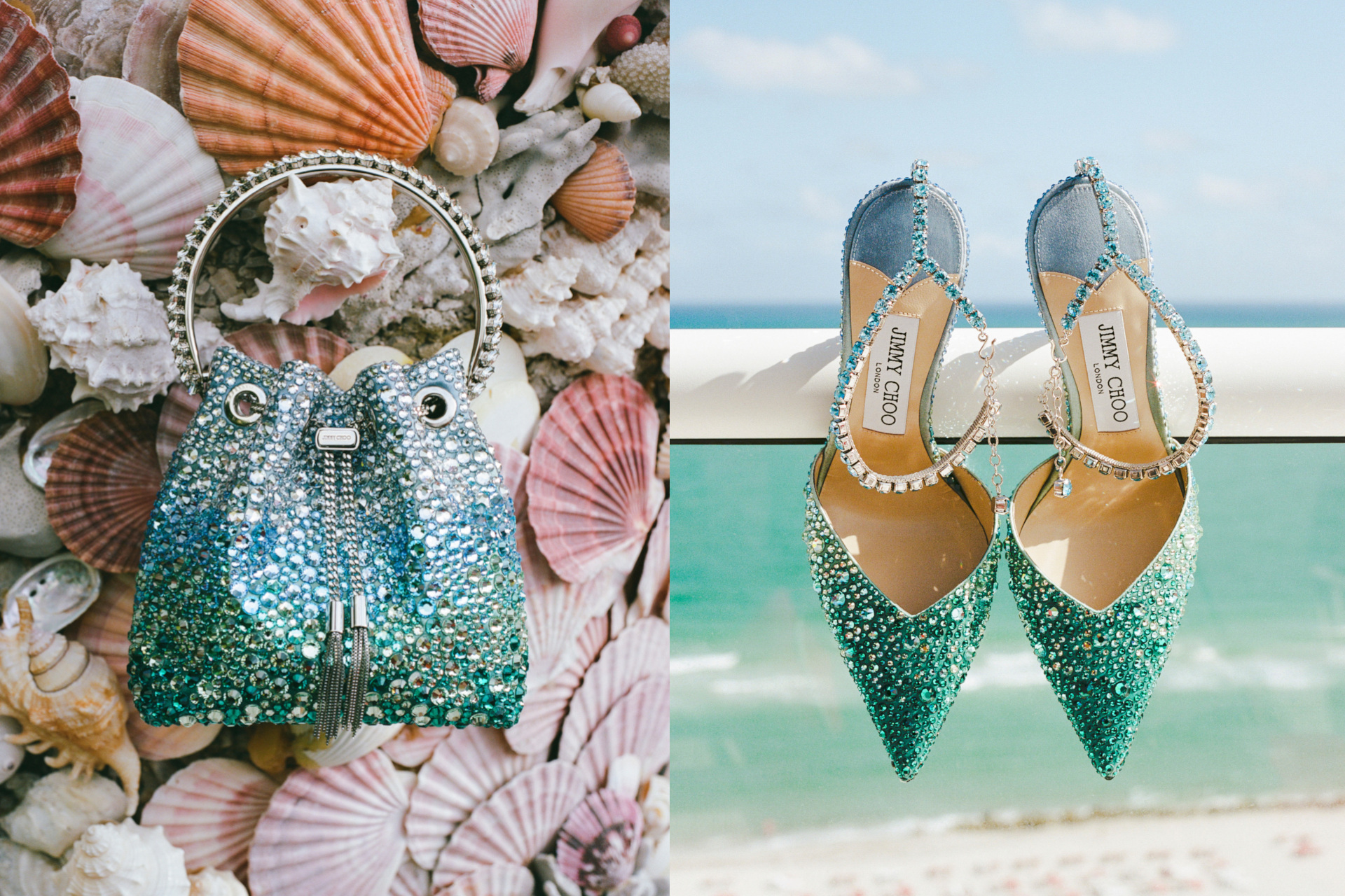 Blue sparkly bag on shells and blue sparkly heels hung up on barrier by ocean