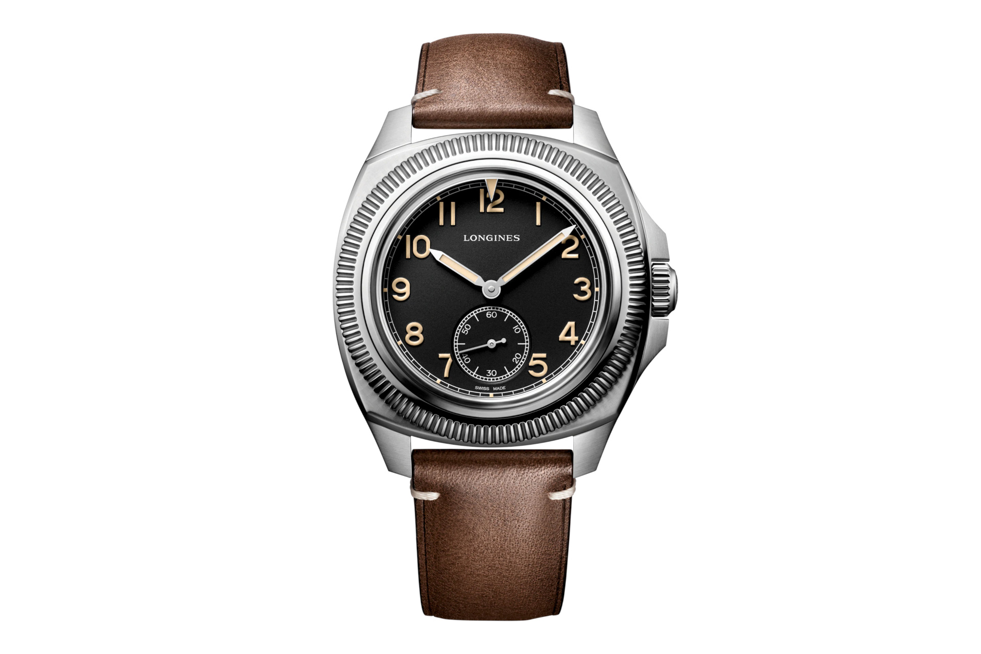 Silver watch with black face and brown strap