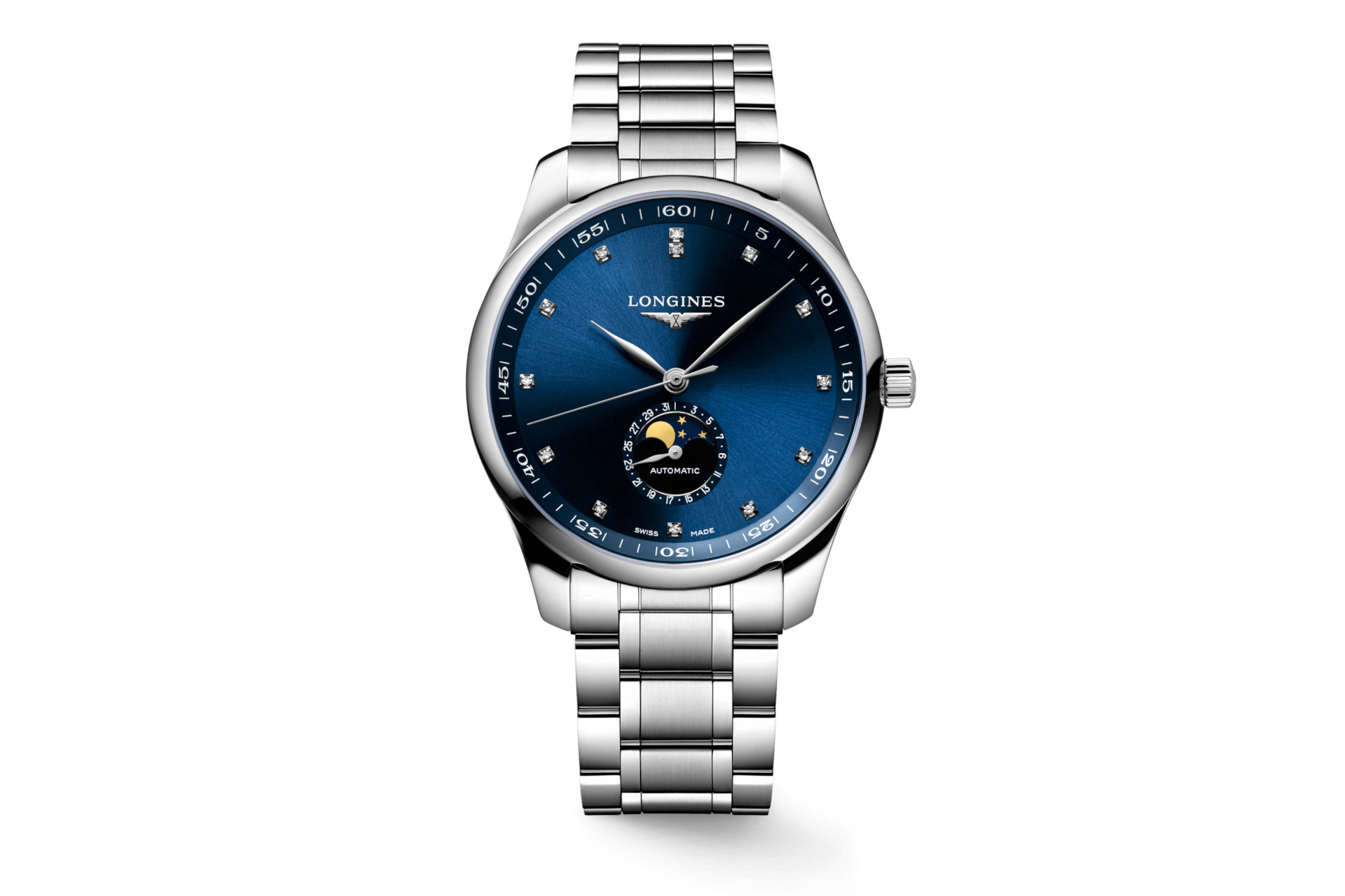 Silver watch with blue face