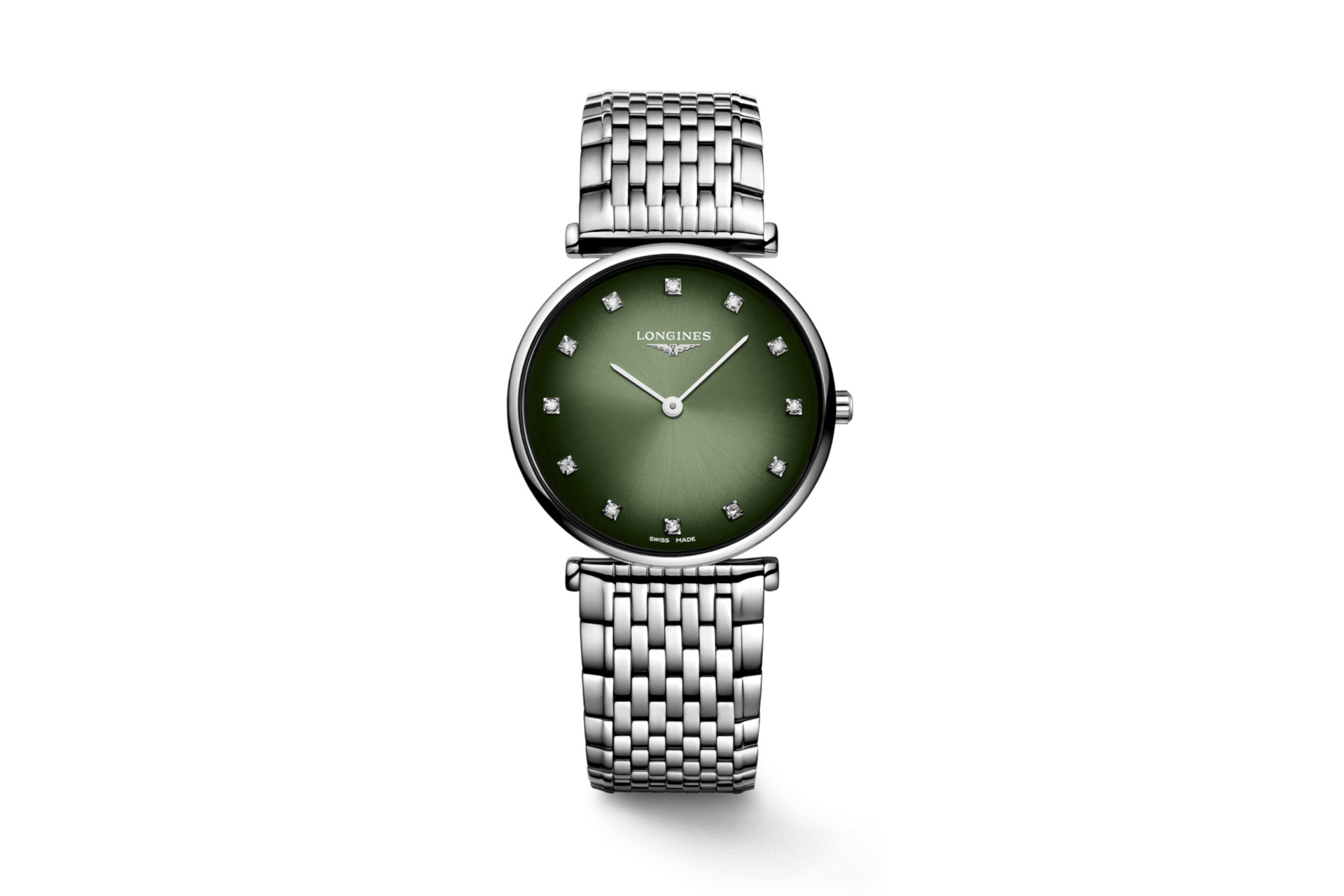 Silver watch with green face