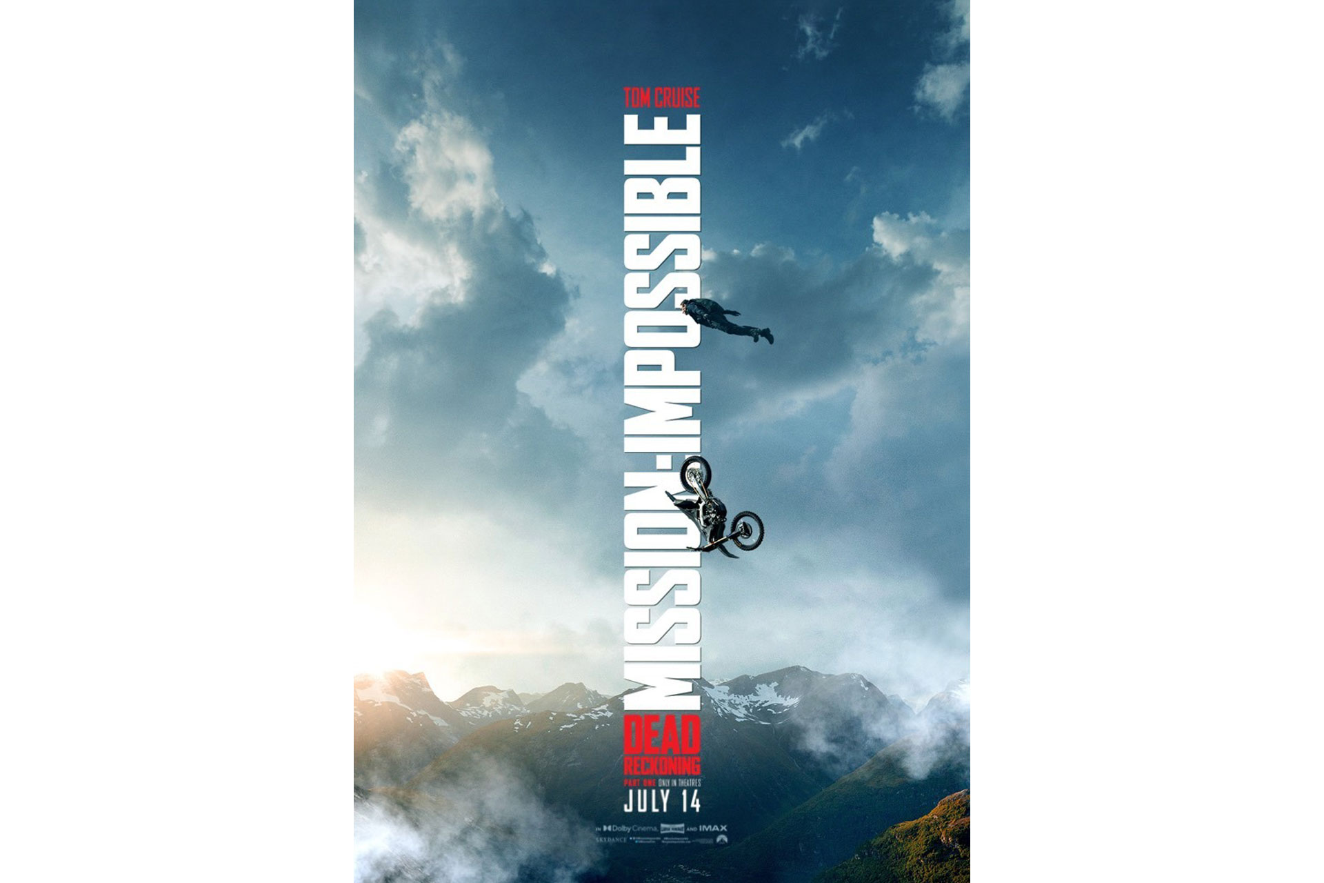 Mission Impossible 7 Poster: A man (Tom Cruise) falls through the sky, a motorbike falling beneath him