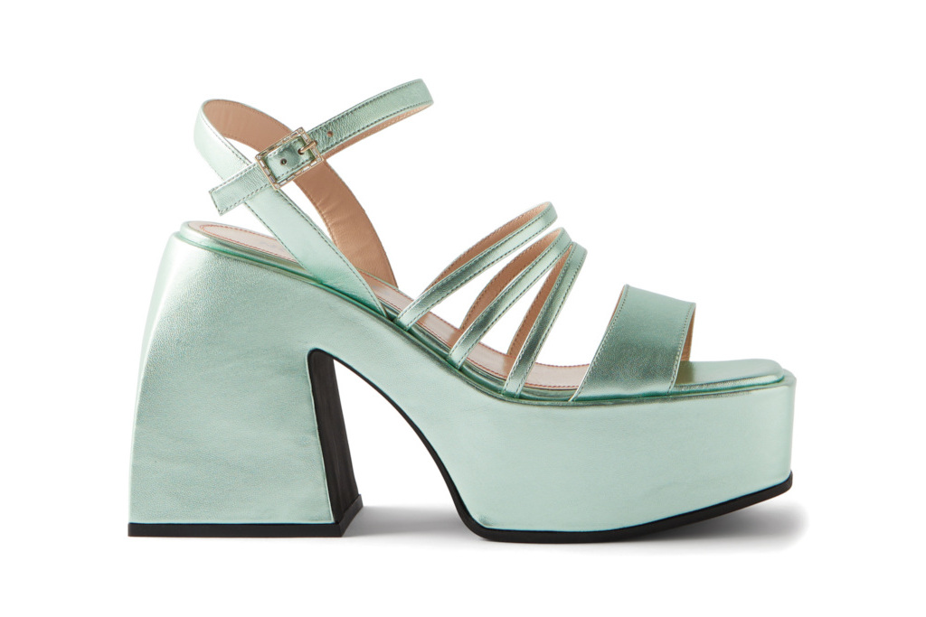 Green metallic chunky heels