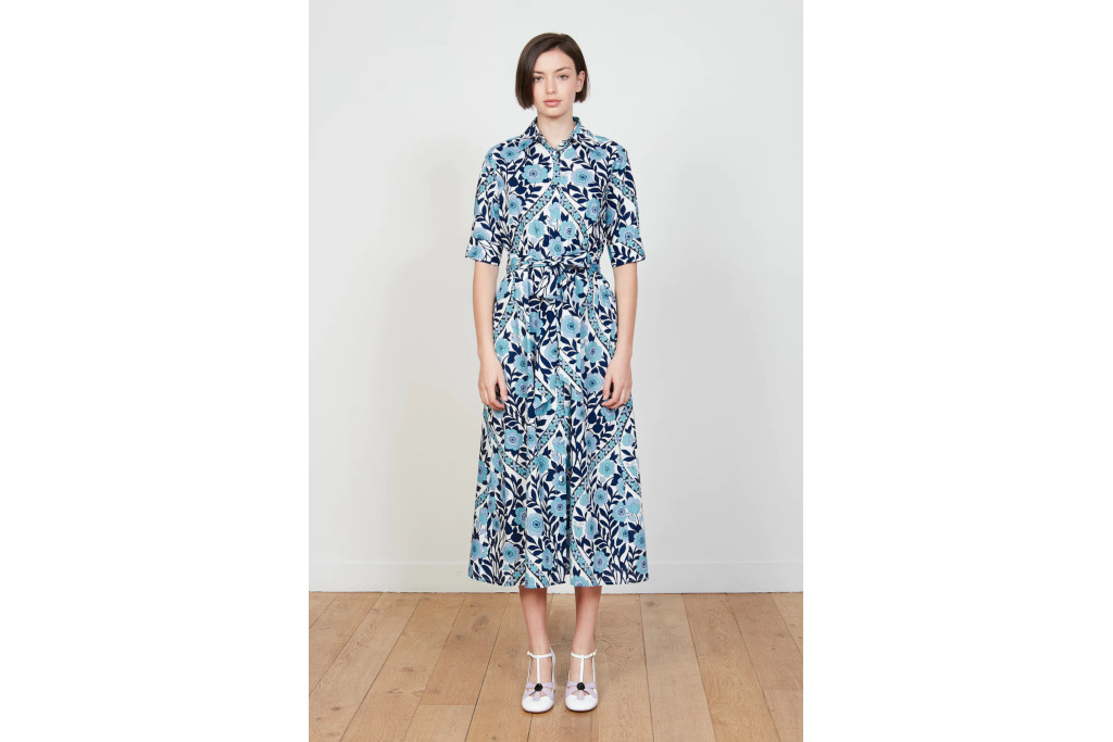 Woman in blue floral dress