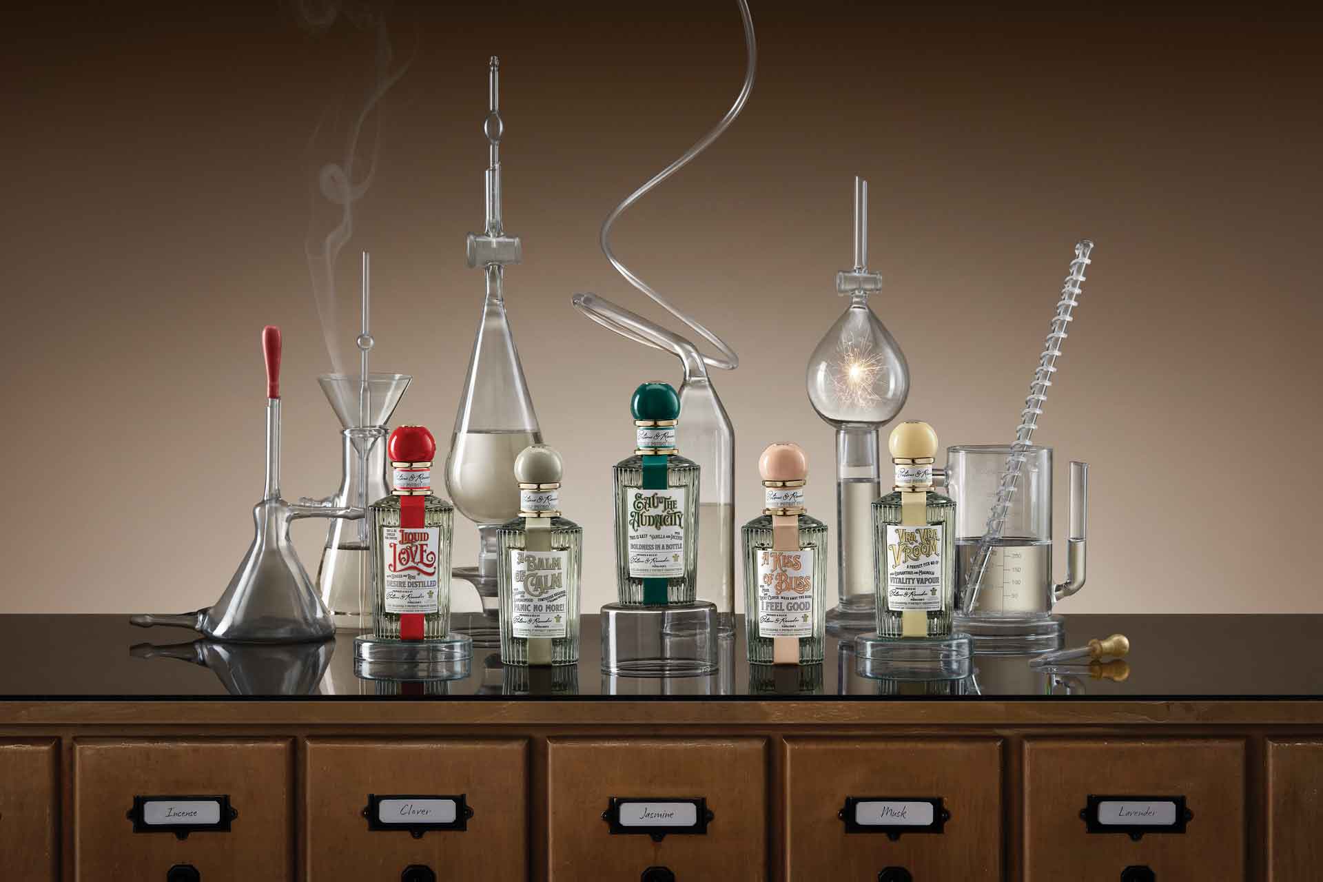 Perfume bottles and beakers