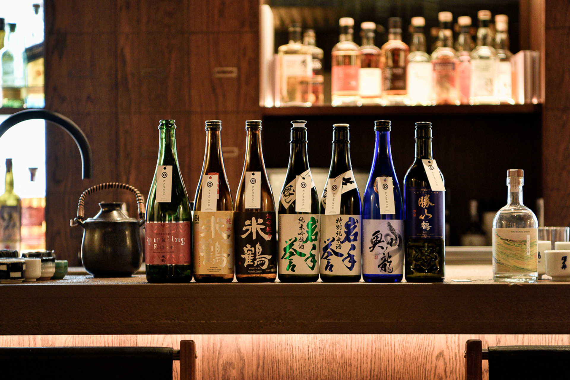 Bottles of sake at a bar