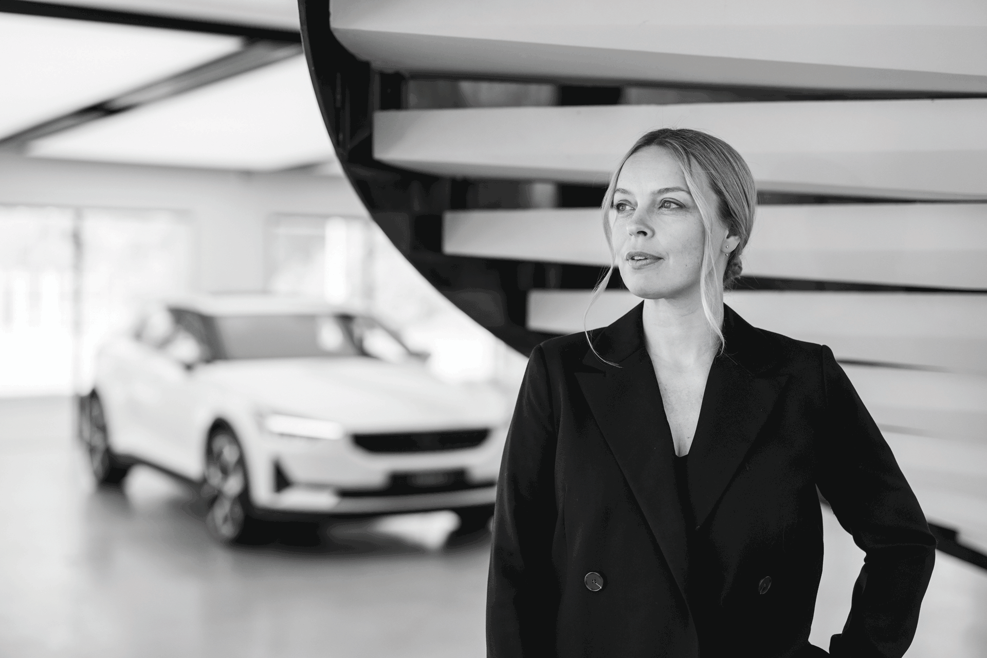 Black and white photo of Polestar's Fredrika Klaren.