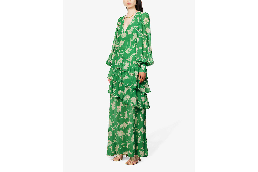 Women in green ruffled gown