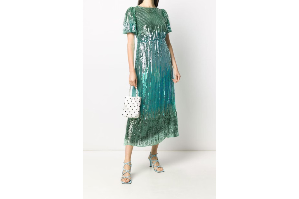 Woman in blue sequin dress