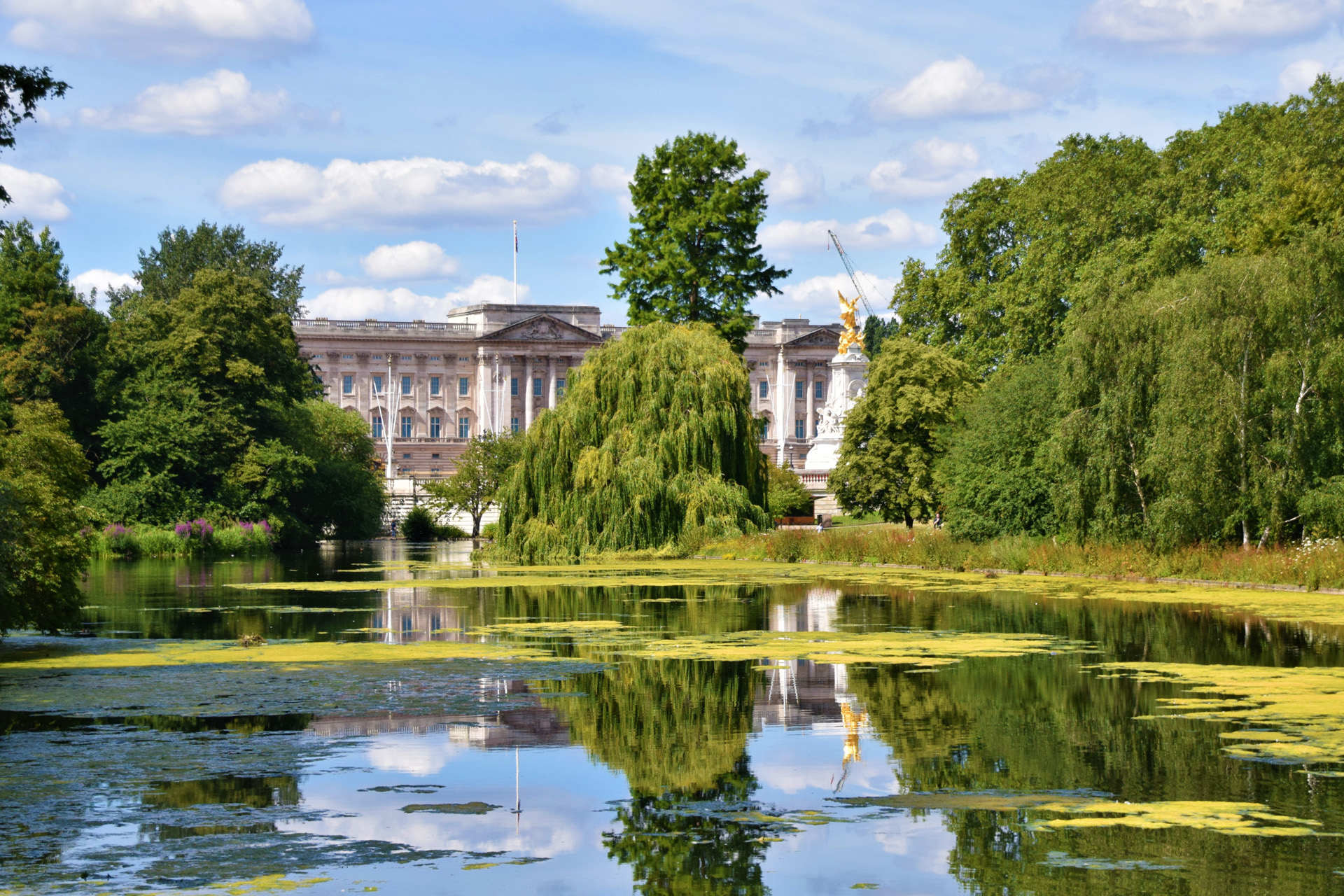 Buckingham Palace view from St James's Park with park lake reflection