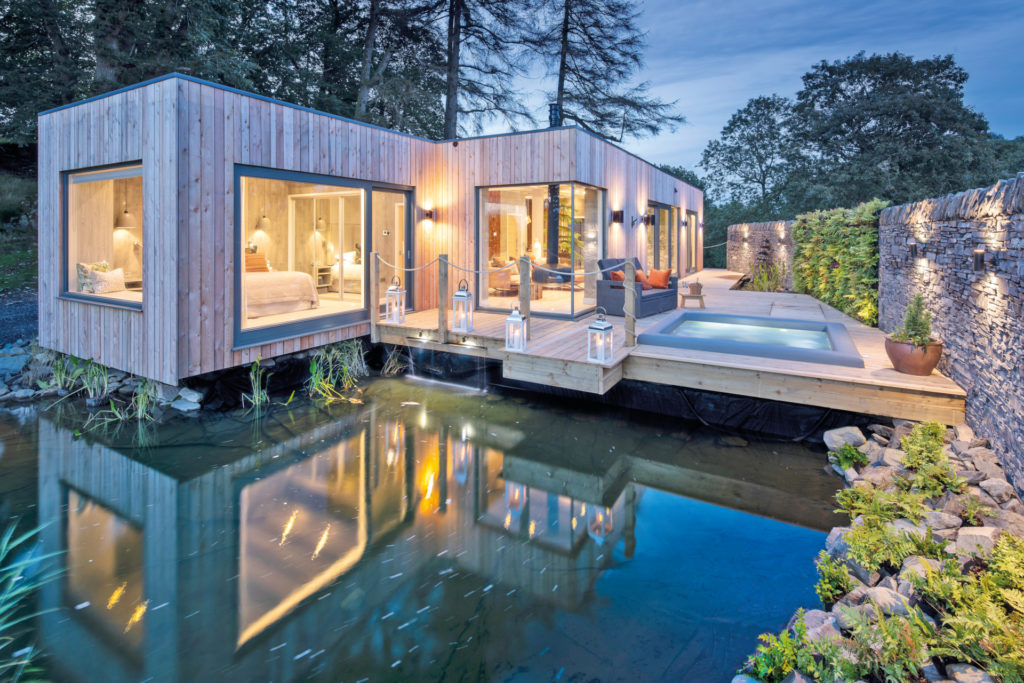 Lakeside lodge in the evening