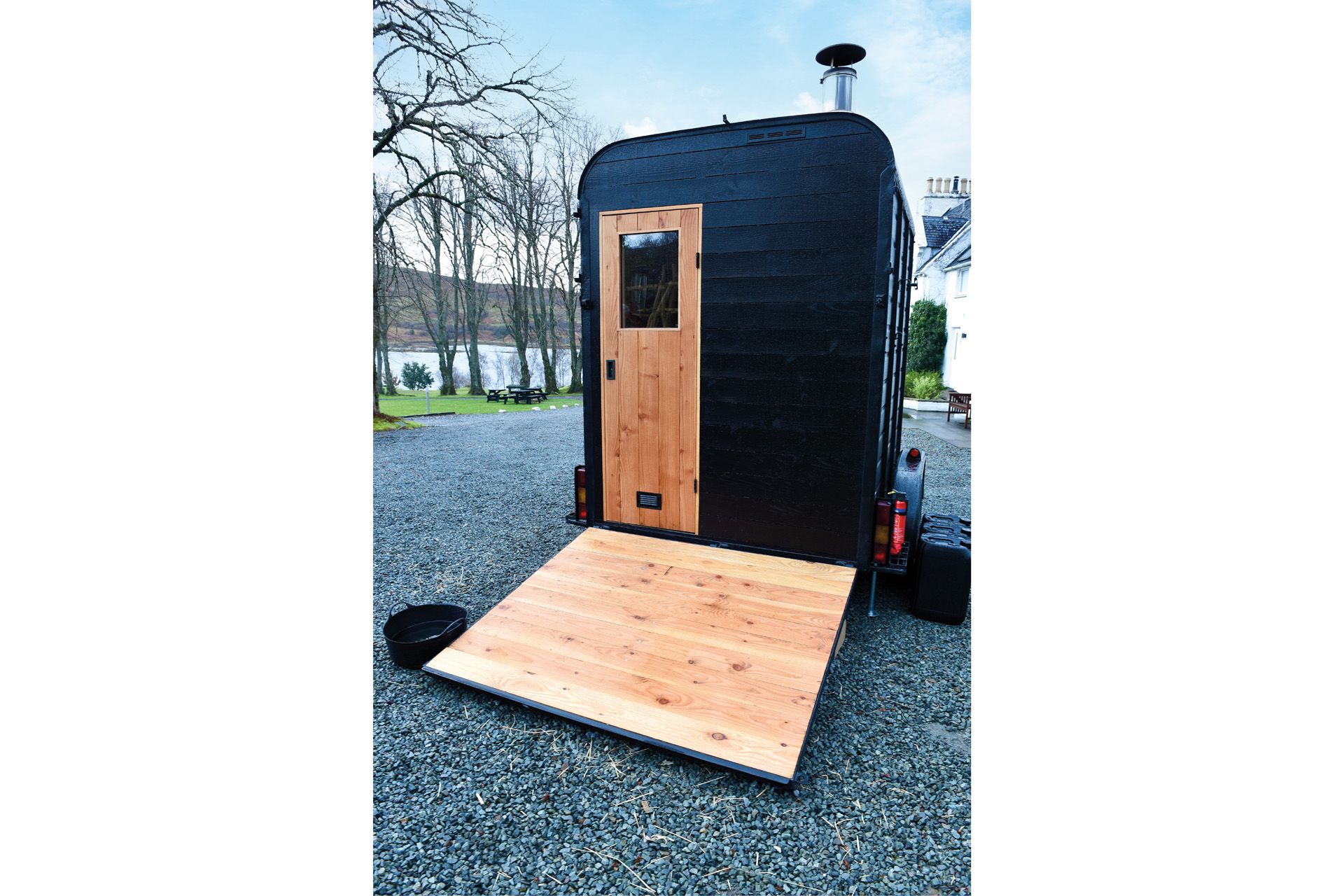 The Sauna Horse box with a Finnish wood-fired stove and handcrafted with carefully sourced materials
