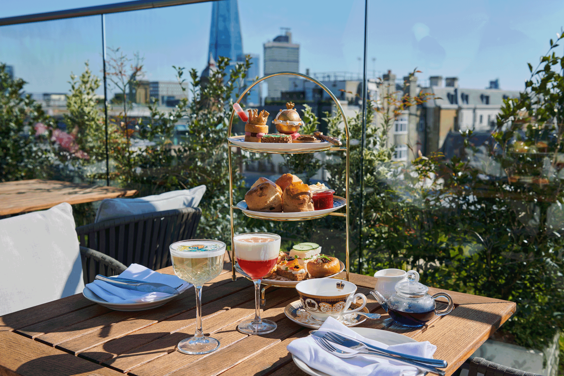 Afternoon tea at the Mercer Roof Terrace atVintry & Mercer, with views of The Shard.