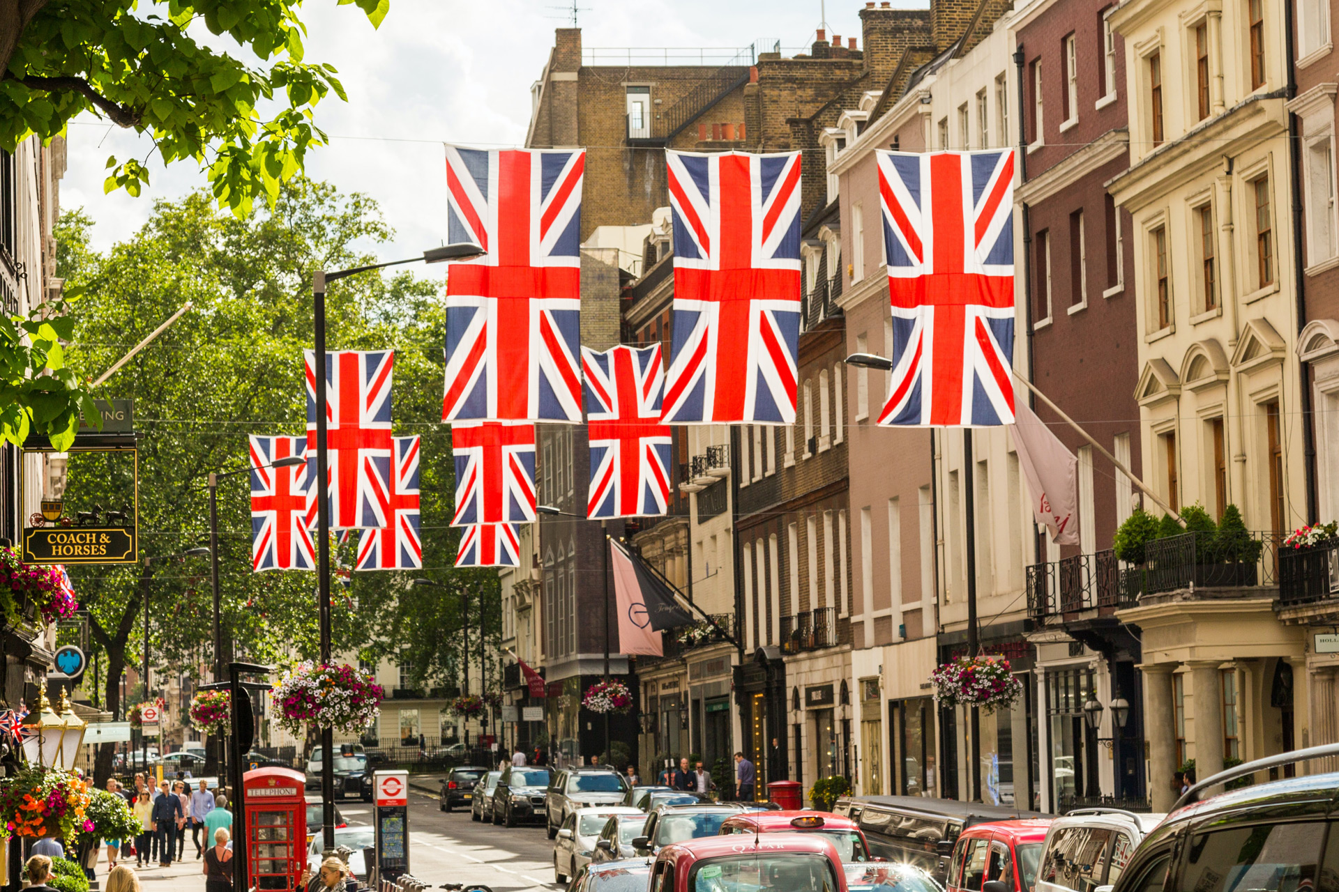 Union Jack bunting on a street in London.