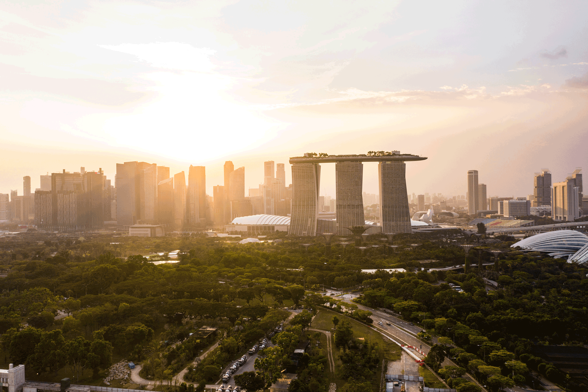 Singapore skyline at sunset.