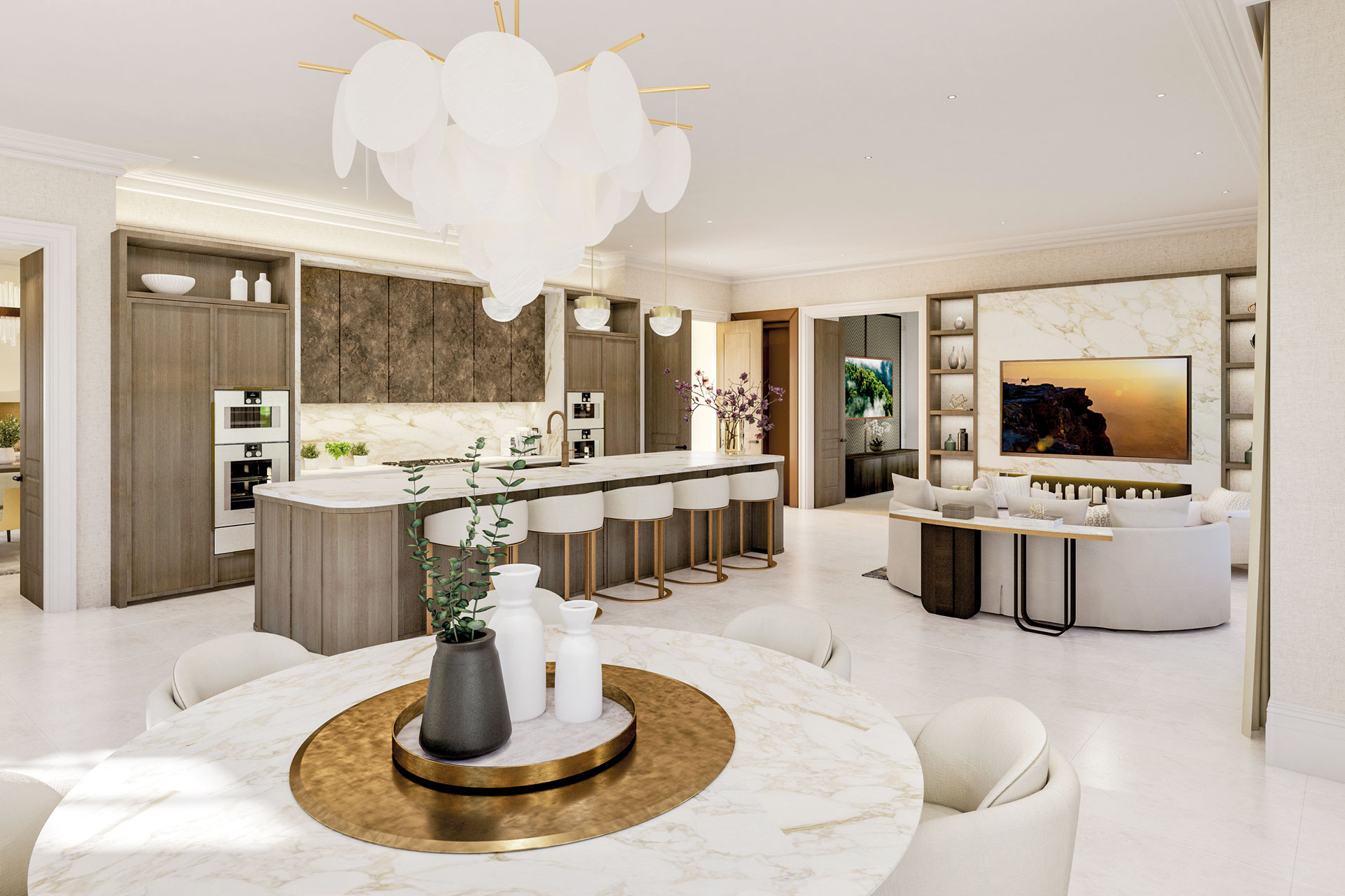 A white kitchen and living area