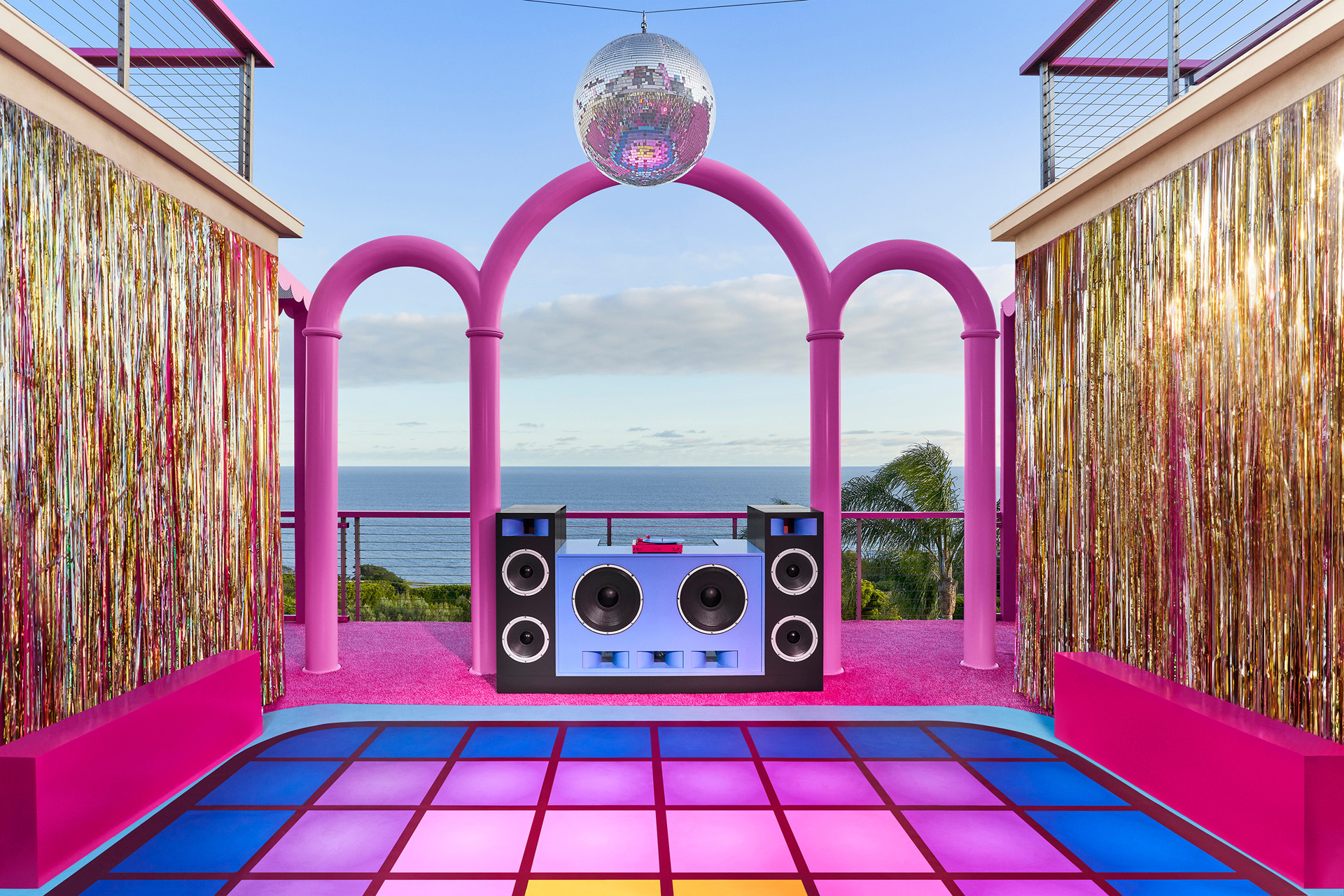 Disco floor and mirror ball at Barbie's DreamHouse