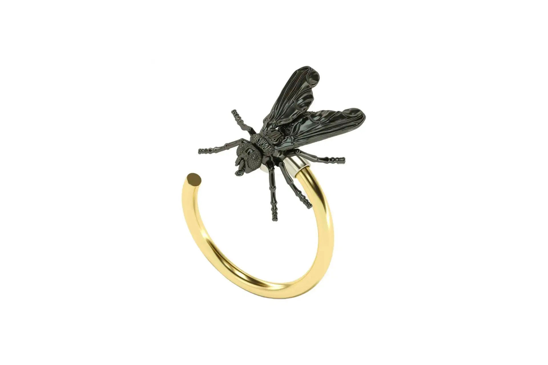 Contemporary Golden ring with insect, 18K yellow and black gold.