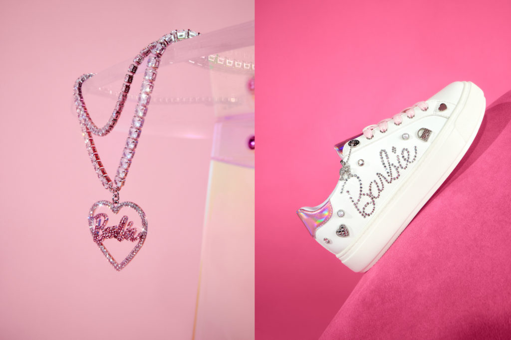 Barbie heart necklace and white trainer