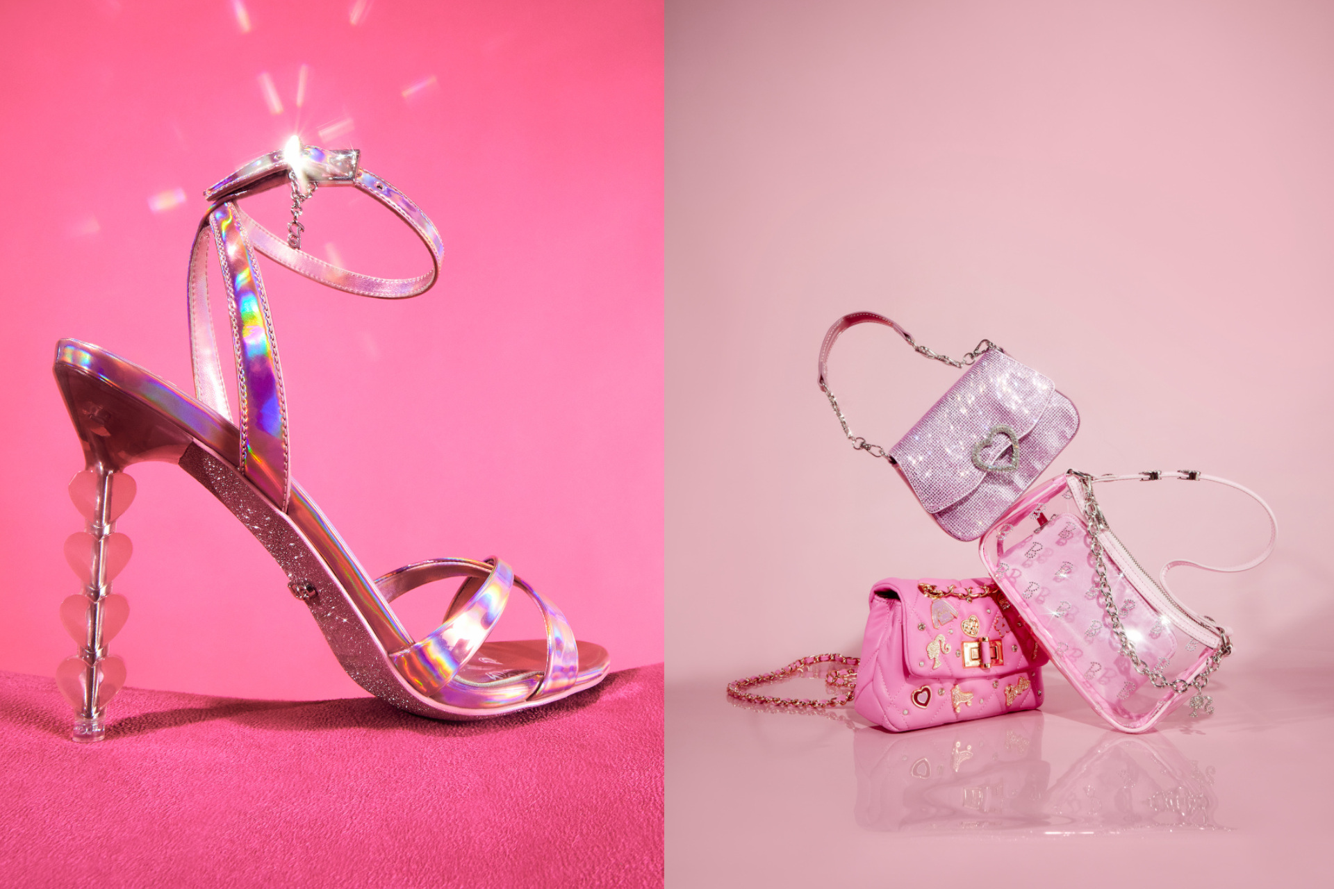 Pink heel and pile of handbags