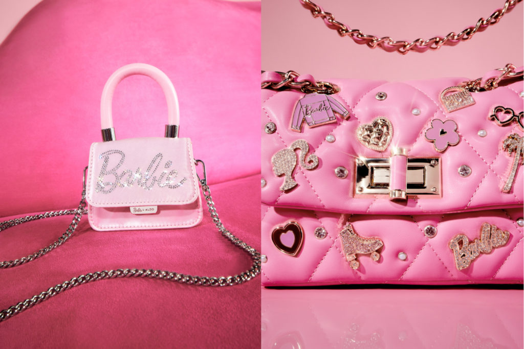 Pink Barbie x ALDO bag and close up of pink bag with badges