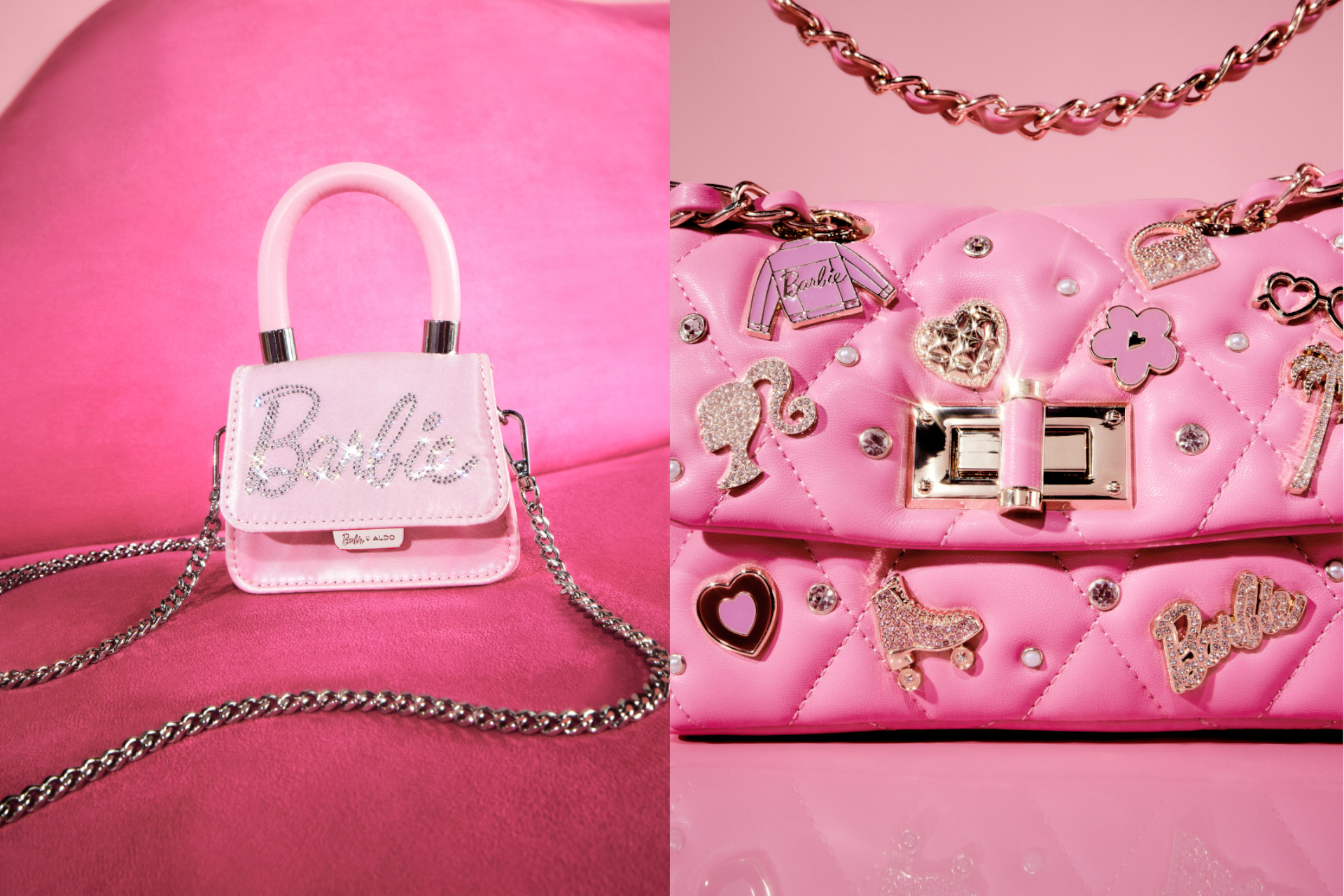 Pink Barbie x ALDO bag and close up of pink bag with badges
