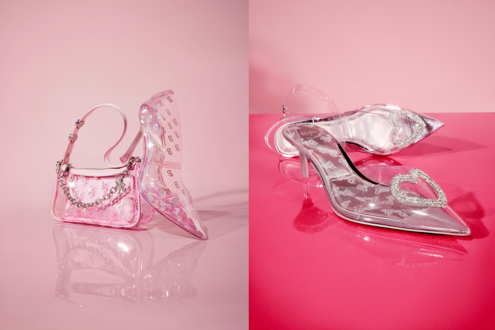 Pink bag and shoe with silver heels