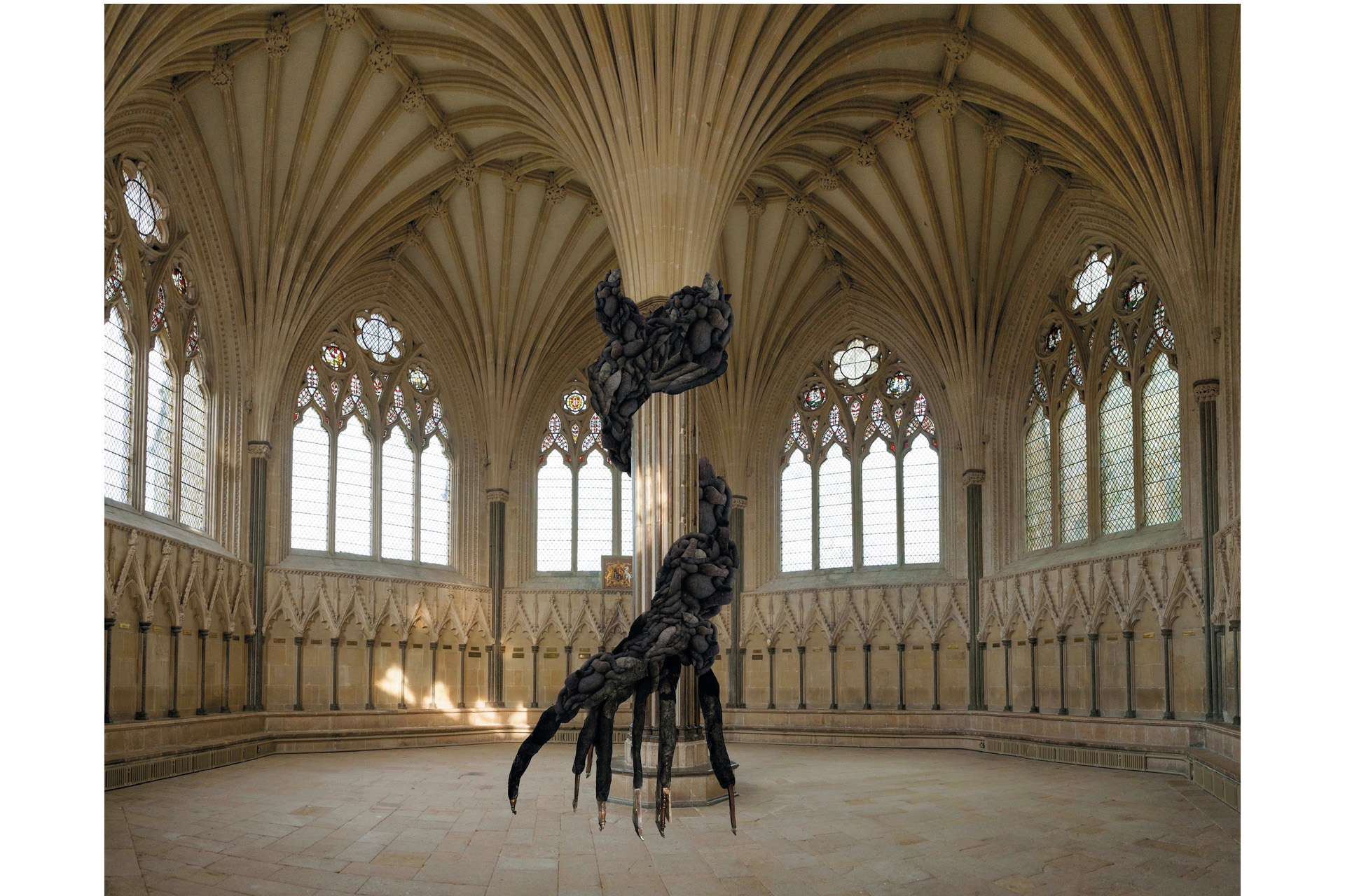 An interpretation of how Nicola Turner's work, Uninvited Guest from the Unremembered Past, will look in the Chapter House