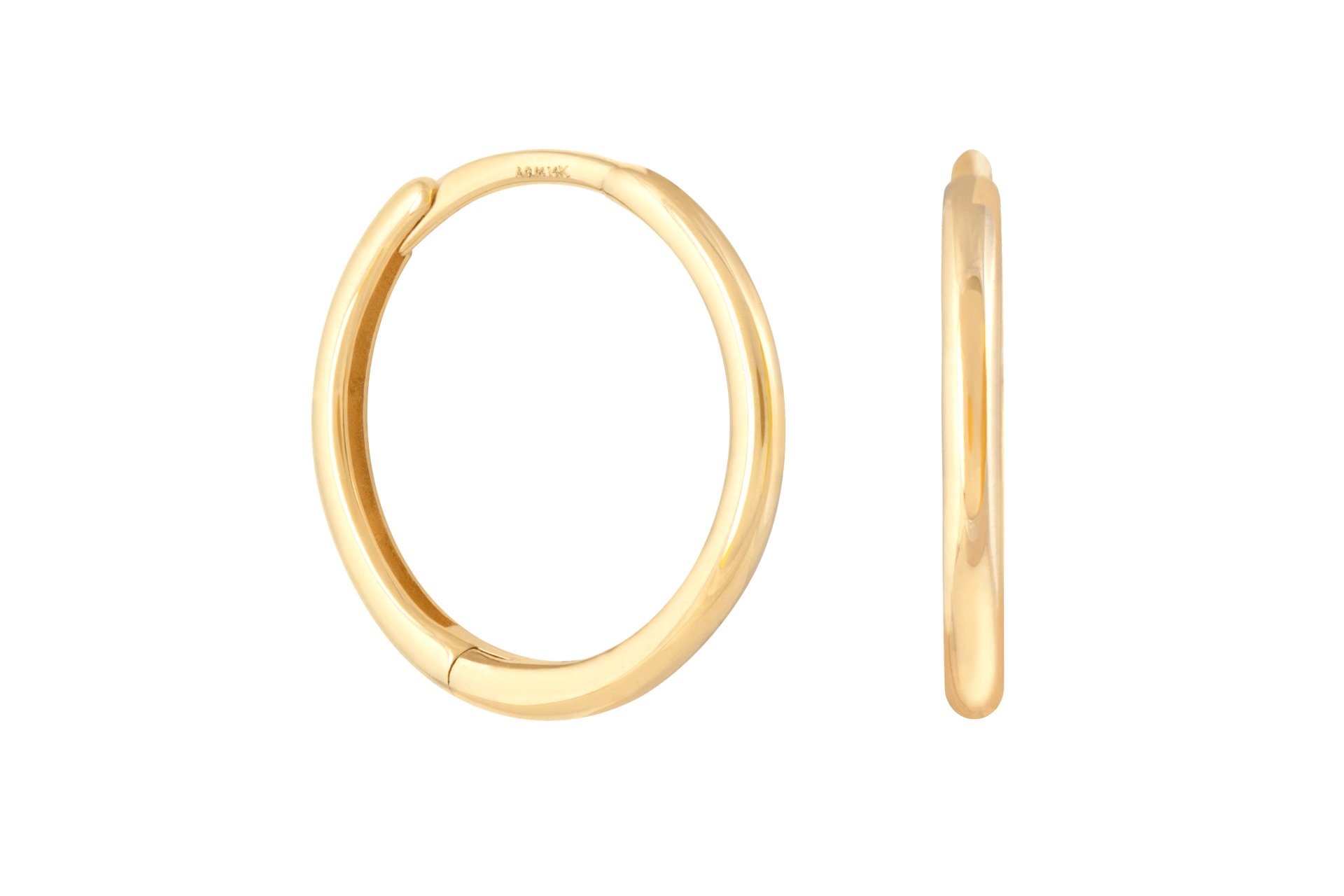 Small thin gold hoop earrings.