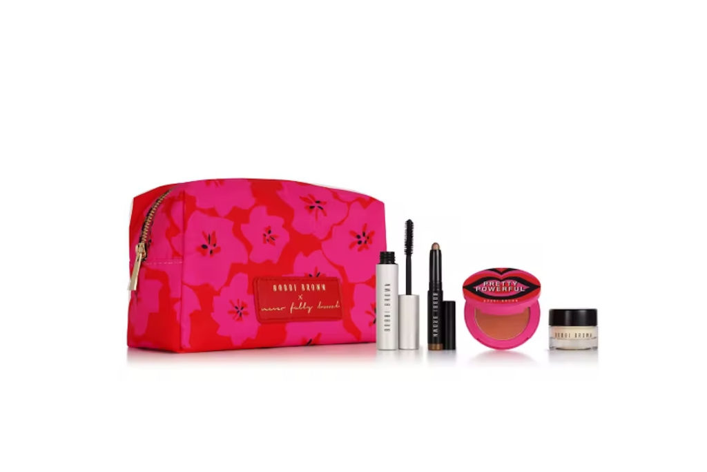 Pink bag with makeup products