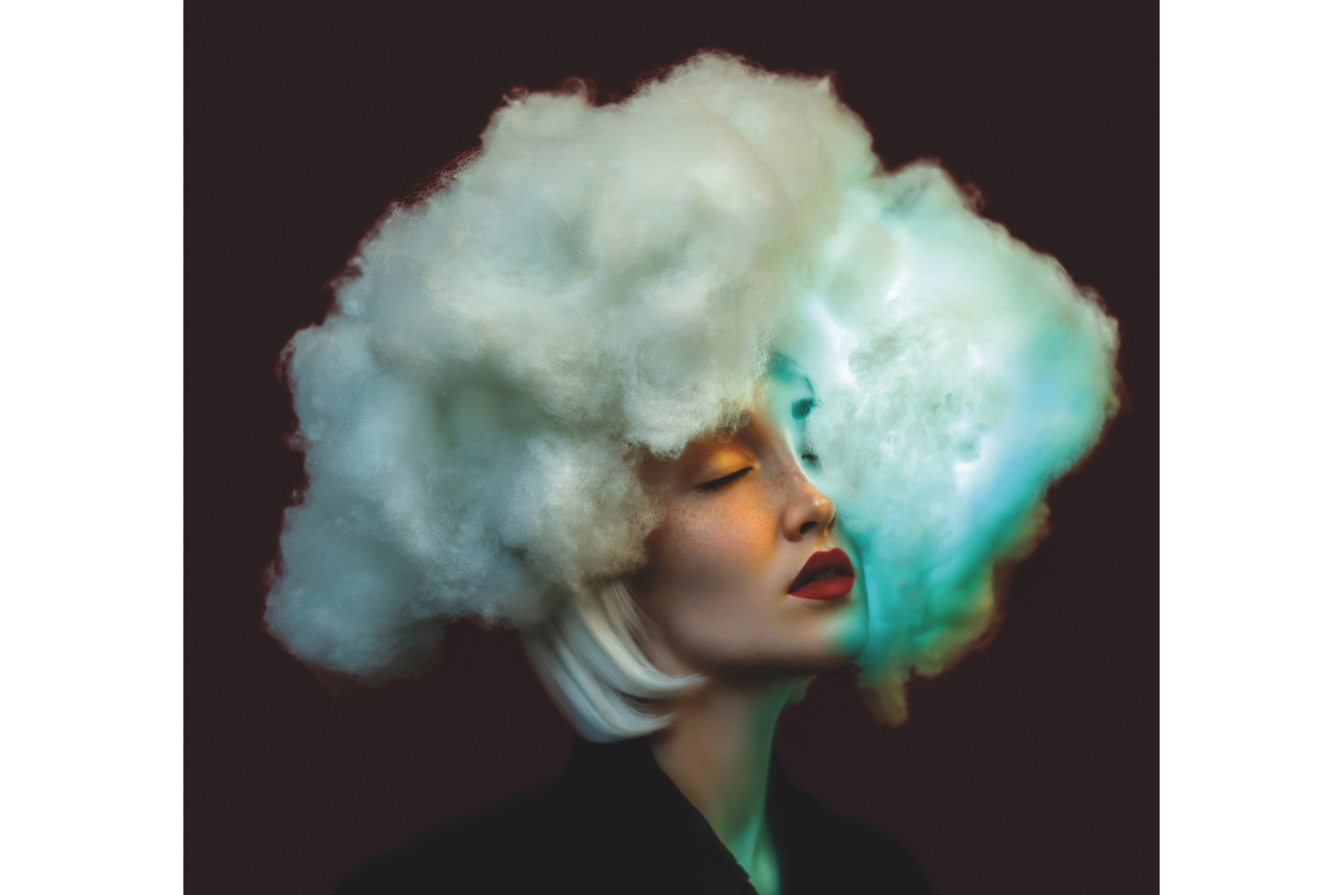 Cloud 9 artwork by Claire Luxton, woman with clouds over her head