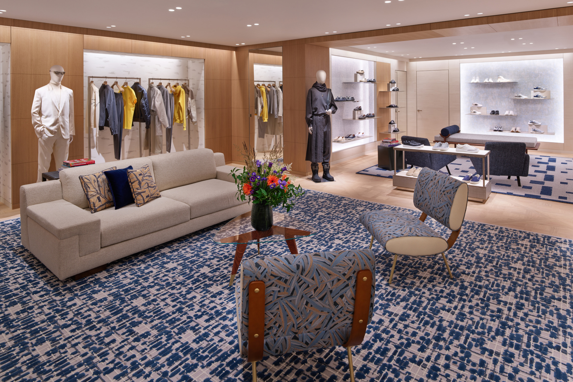 Clothing showroom with blue carpets