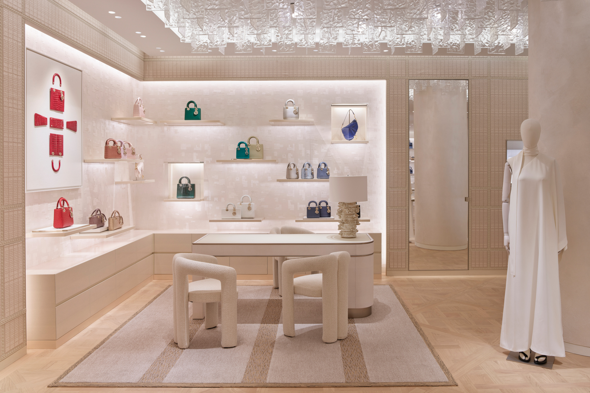 Accessories showroom in white and cream with mannequin
