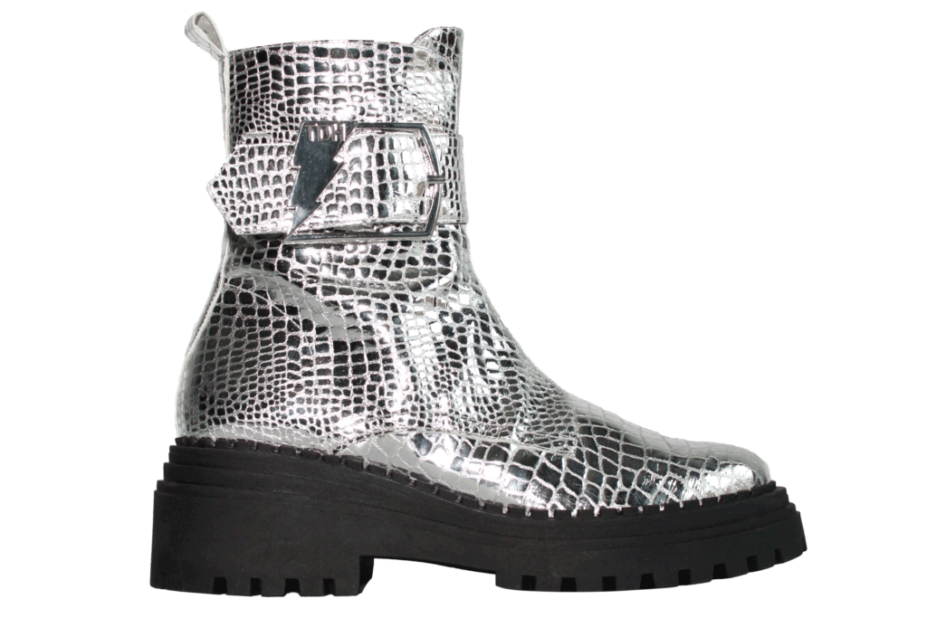 Silver croc-effect ankle boots.