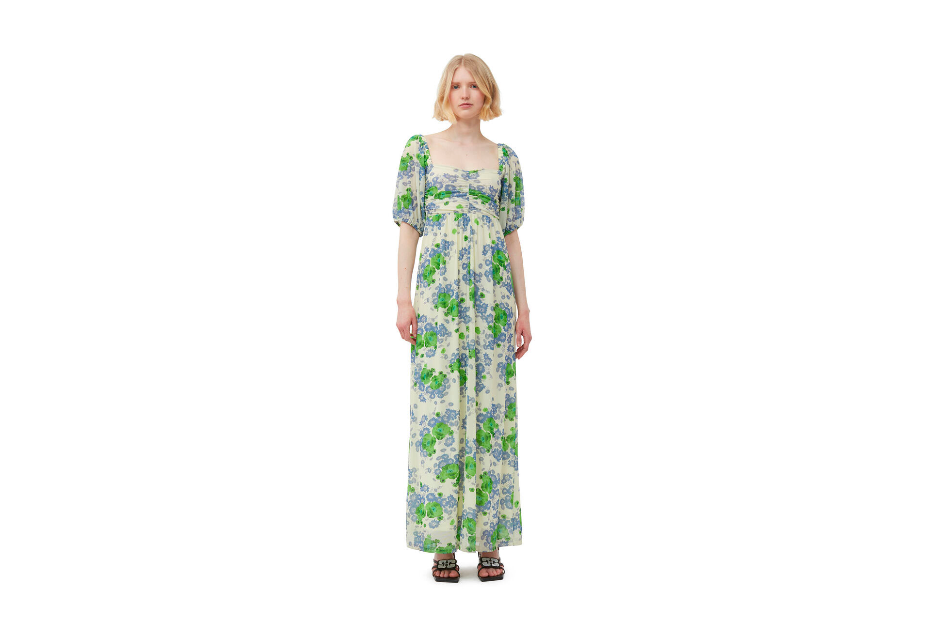 Ganni printed mesh puff sleeves long dress